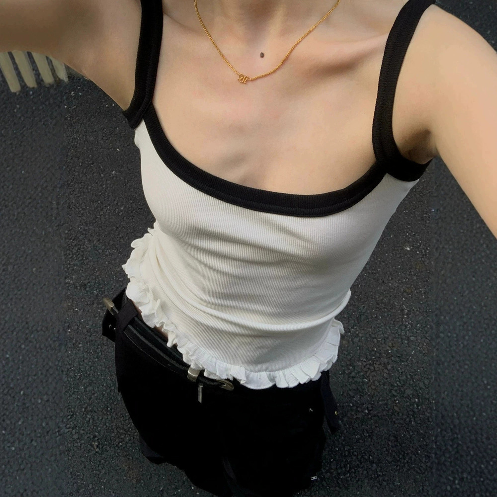 Zara Balletcore Black White Contrast Slim Ruffled Lace Camisole Top